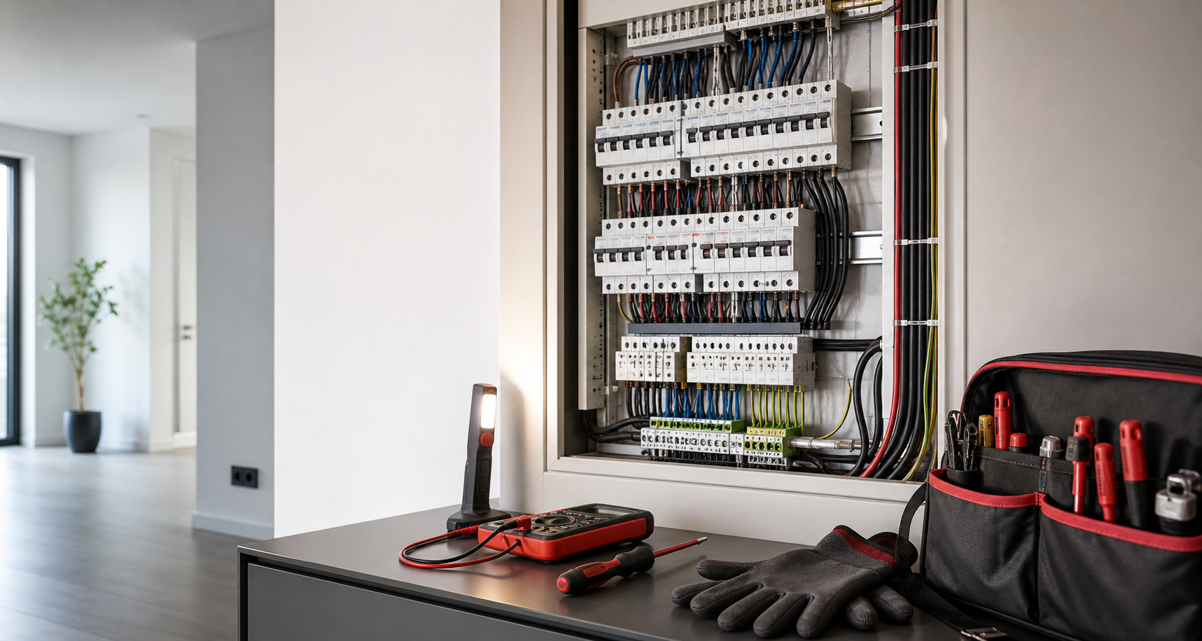 Moderner Stromverteiler mit sauber verlegten Leitungen und Werkzeug