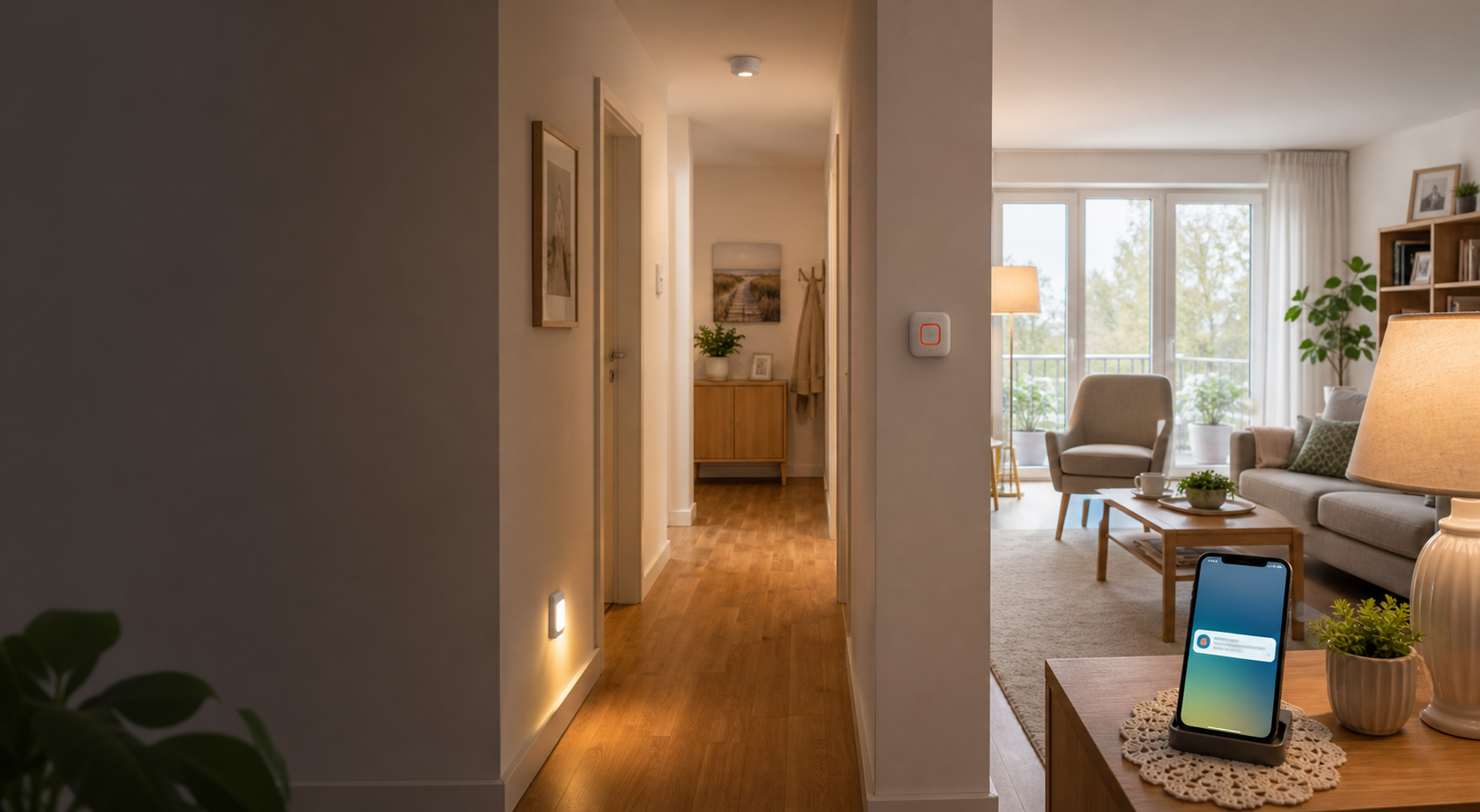 Wohnlicher Flur mit Nachtlicht, Smart-Home-Sensor und Smartphone-Benachrichtigung